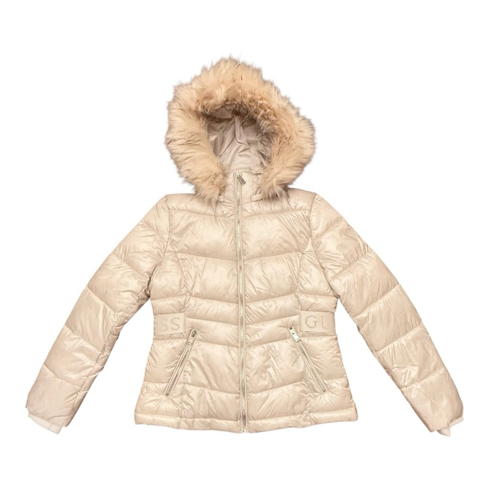 GUESS Beige Cream Puffer Jacket with Faux Fur Hood, Size M NWT - Picture 3 of 16